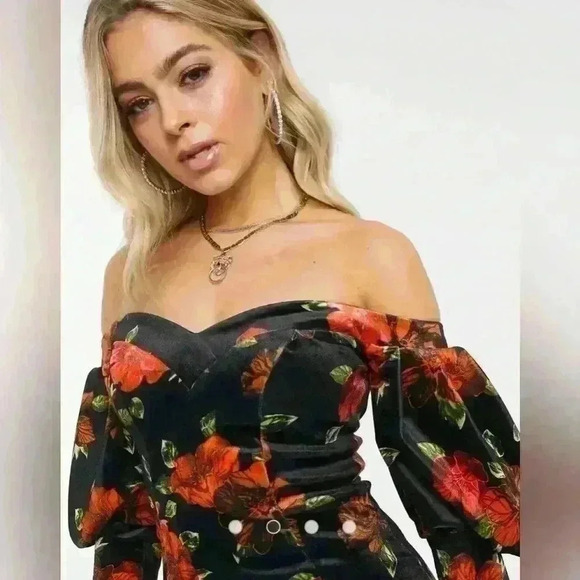 ASOS Dress Women’s Size 6 Floral Off Shoulder Mini - Picture 2 of 8